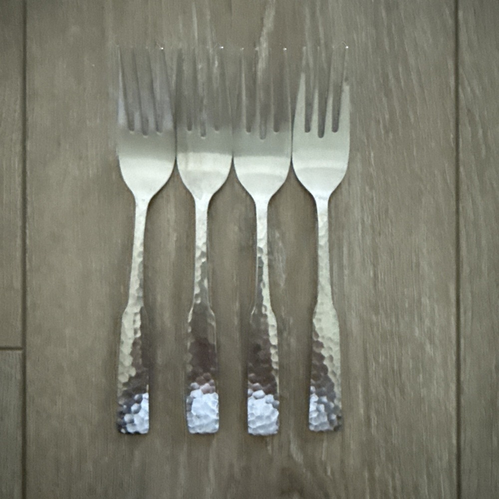 4 Stanley Roberts PLYMOUTH COVE HAMMERED Stainless Colonial Rogers Salad Forks